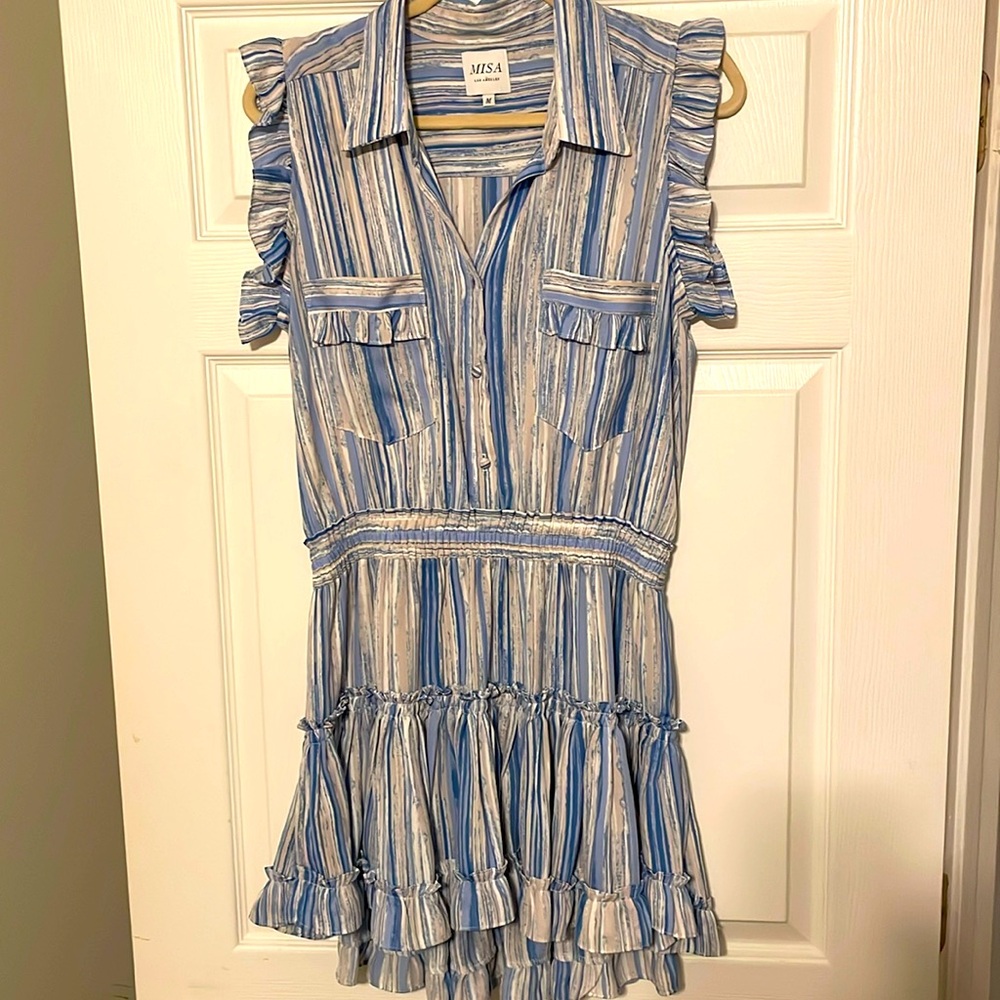 Blue, white and cream dress
